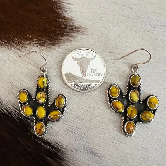 ❤️ Honey Dahlia Kingman Turquoise Navajo Style Cactus Dangle Earrings 1.88”L - Picture 3 of 13